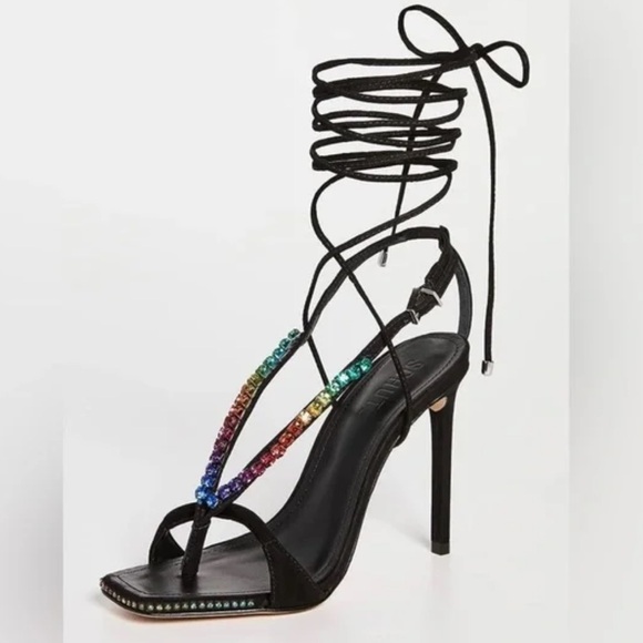 Schutz NEW Vikki Leather Strappy Crystals Ankle Ties Straps Heels Sandal Black 9 - Picture 3 of 16